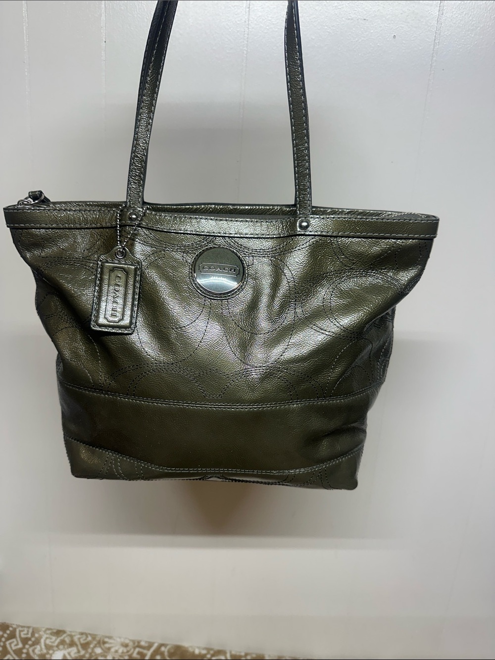 COACH Olive Leather Tote with Signature Charm